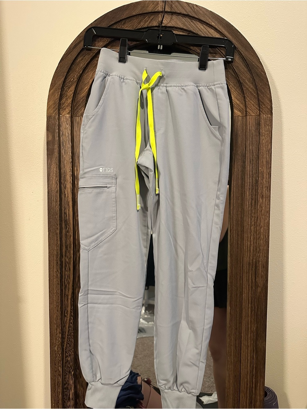Figs Women's Light Gray Joggers with Neon Yellow Drawcord